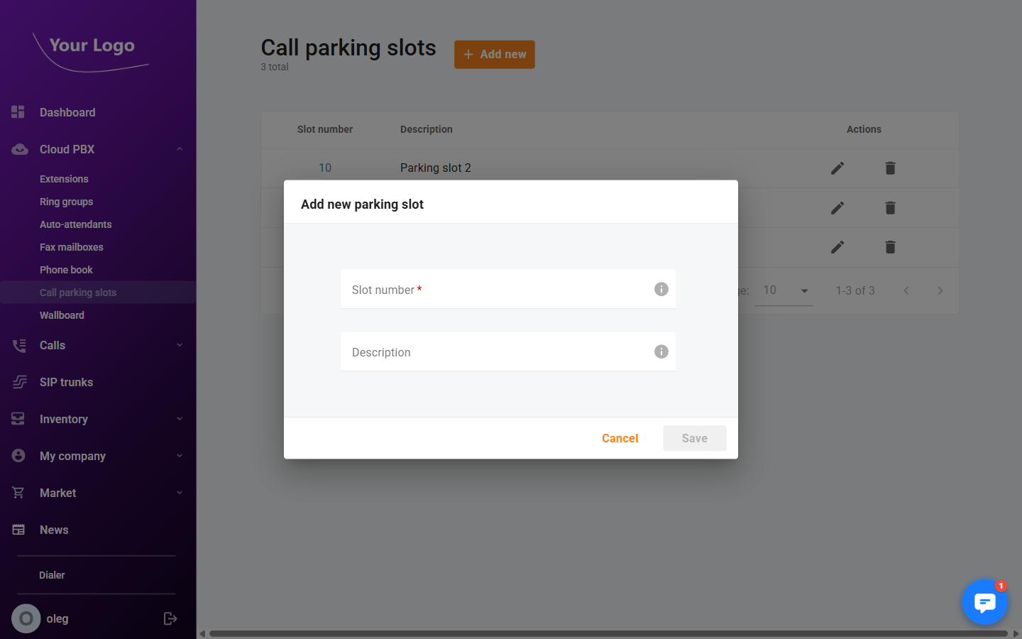 Add call parking slot dialog