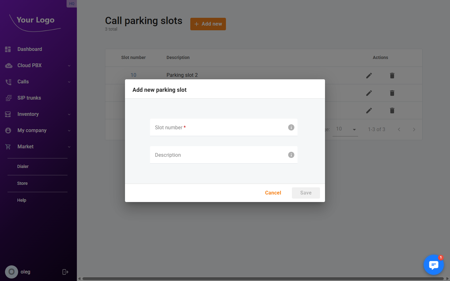 Add call parking slot dialog