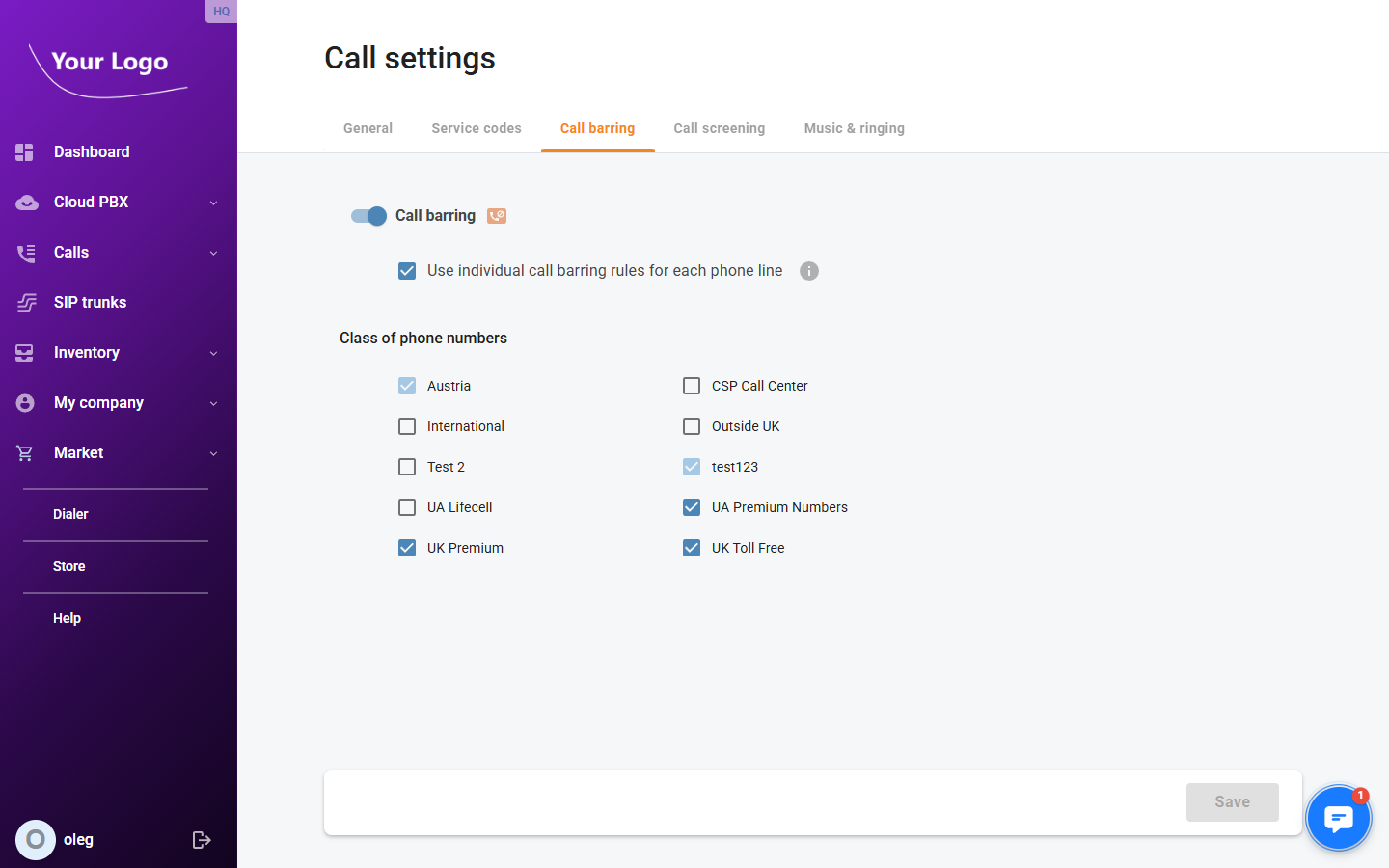 Call Settings – Call Barring tab