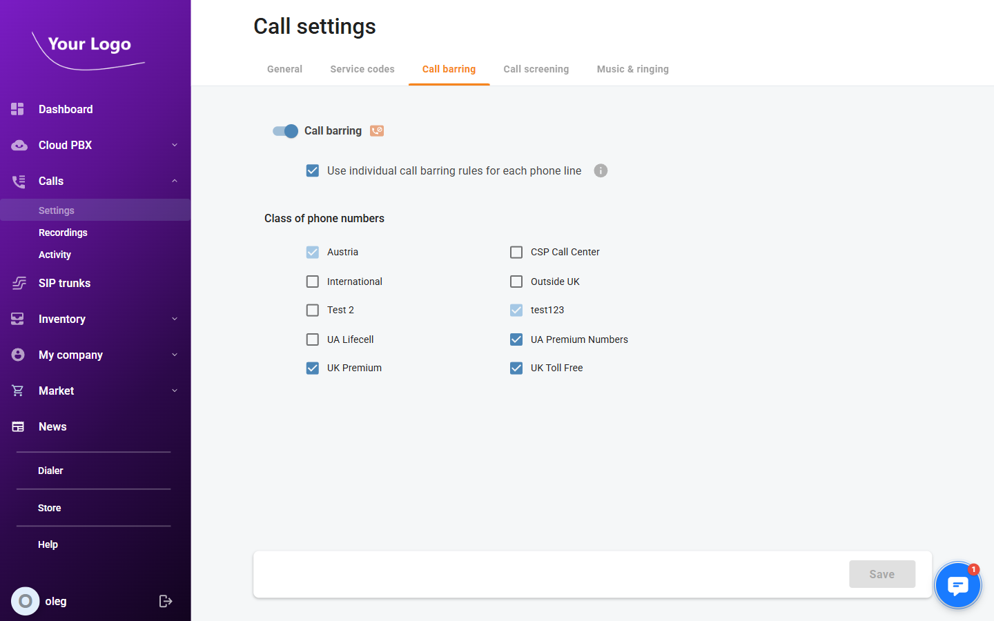 Call Settings – Call Barring tab