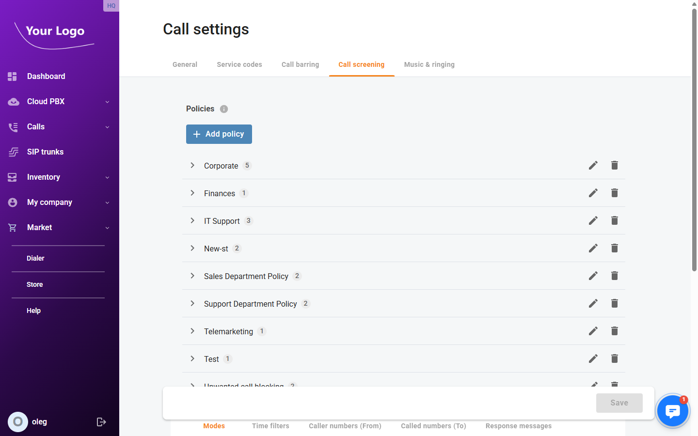Call Settings – Call Screening tab