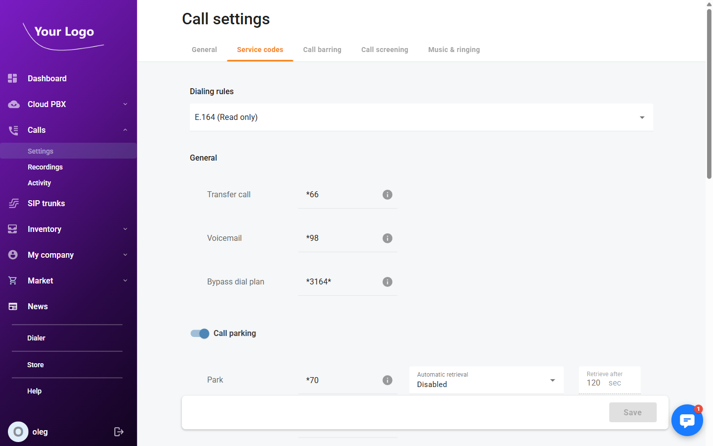 Call Settings – Service Codes tab
