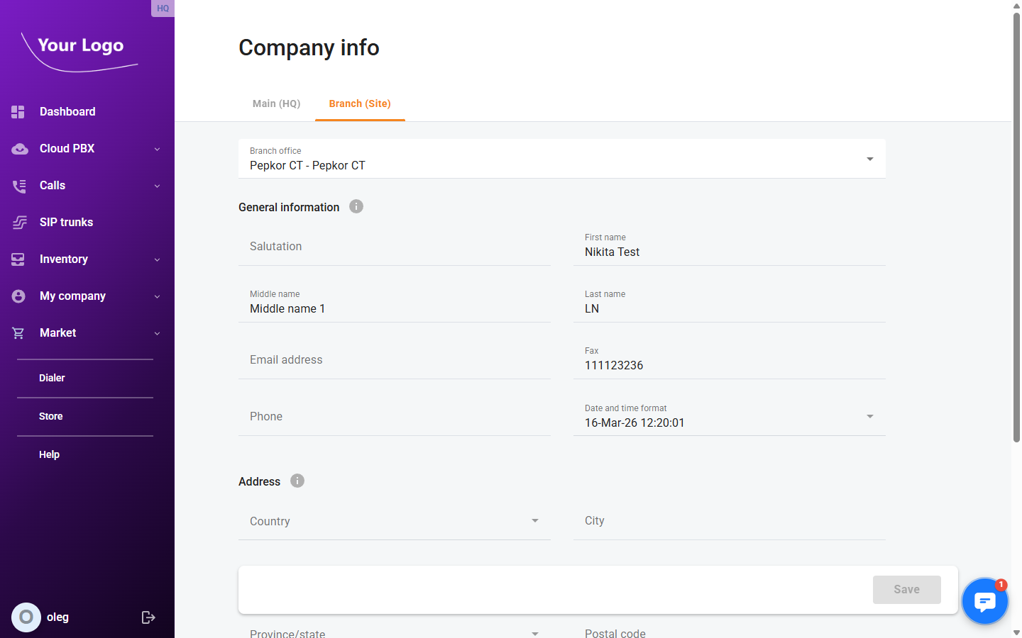 Company info – Branch Site tab