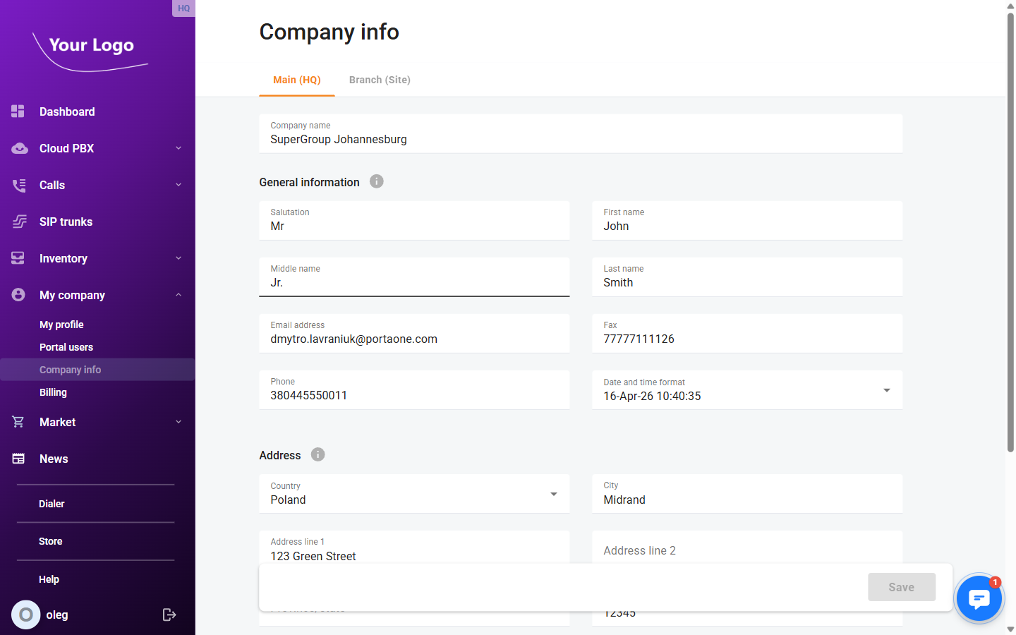 Company info – Main HQ tab