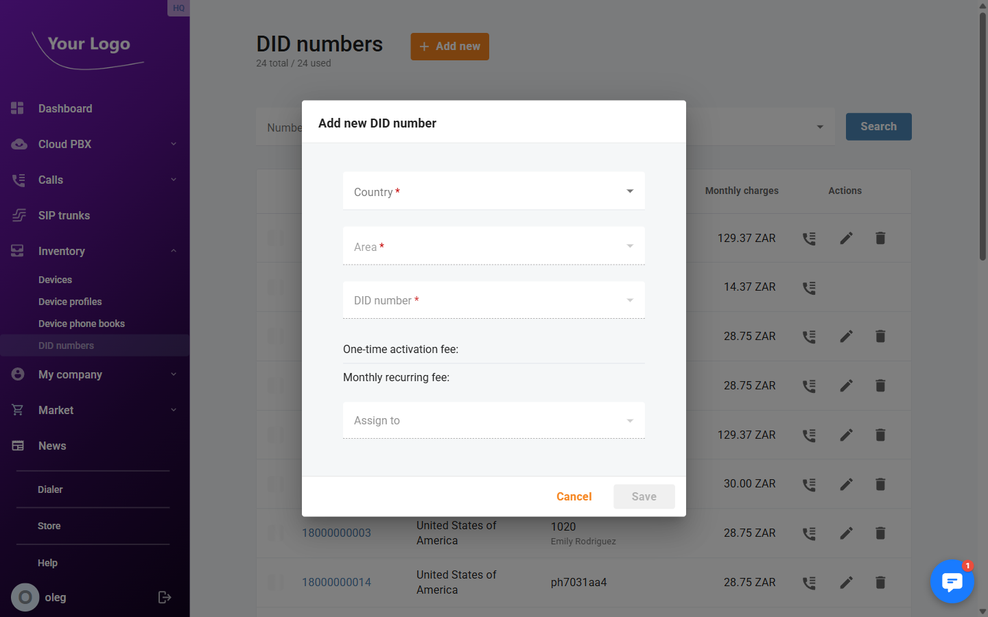 Add DID number dialog