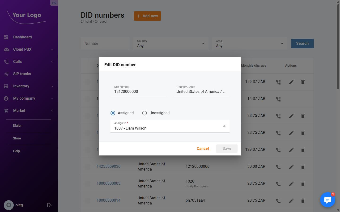 Edit DID number dialog