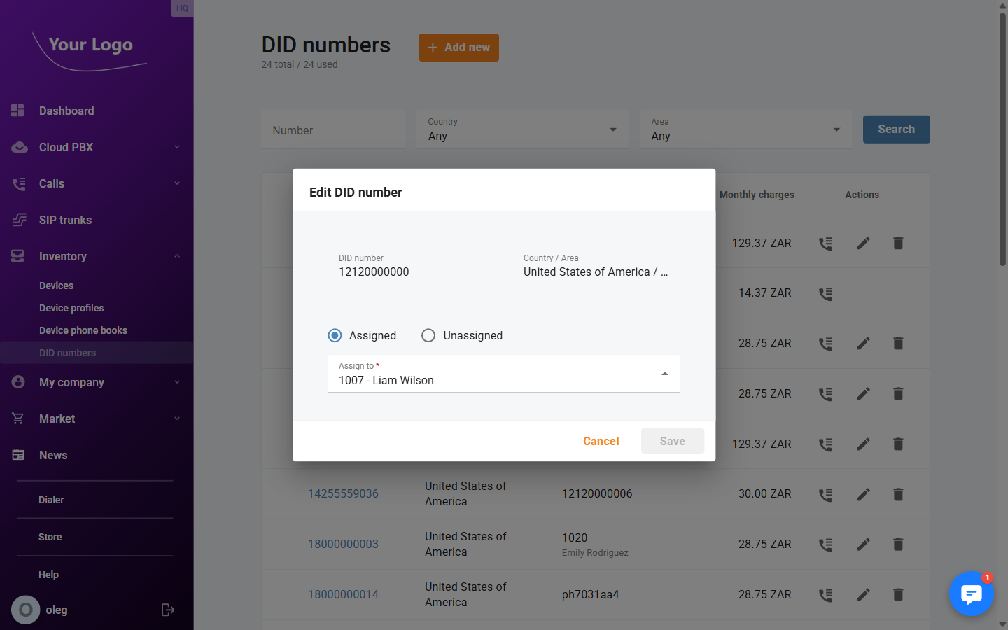 Edit DID number dialog