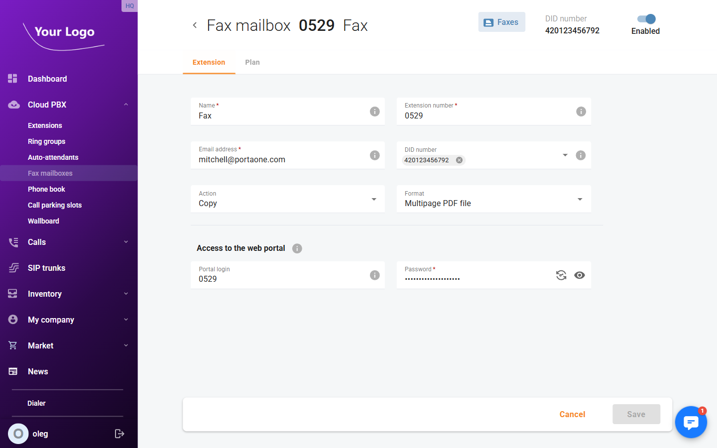 Fax mailbox – Extension tab
