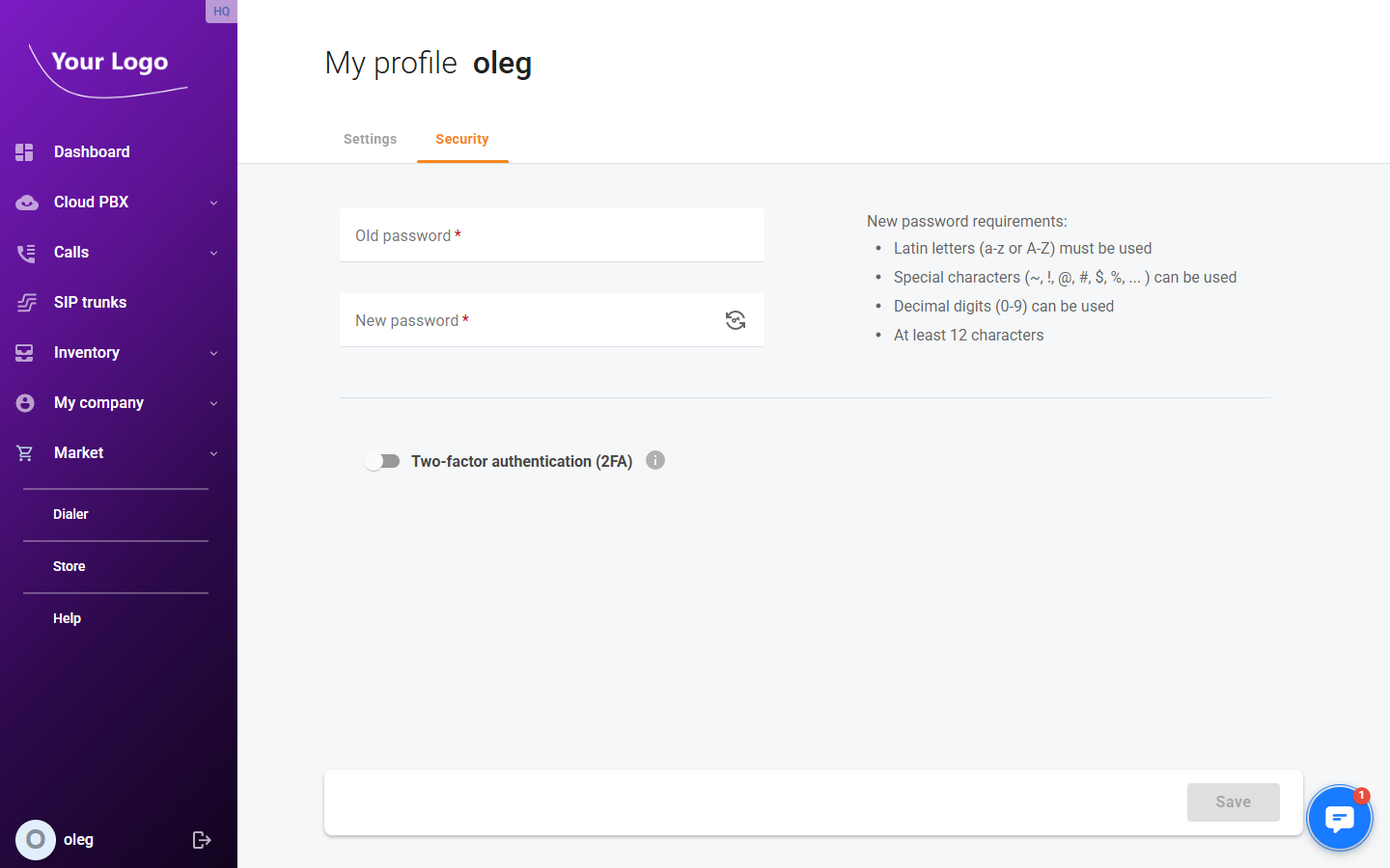 My profile – Security tab