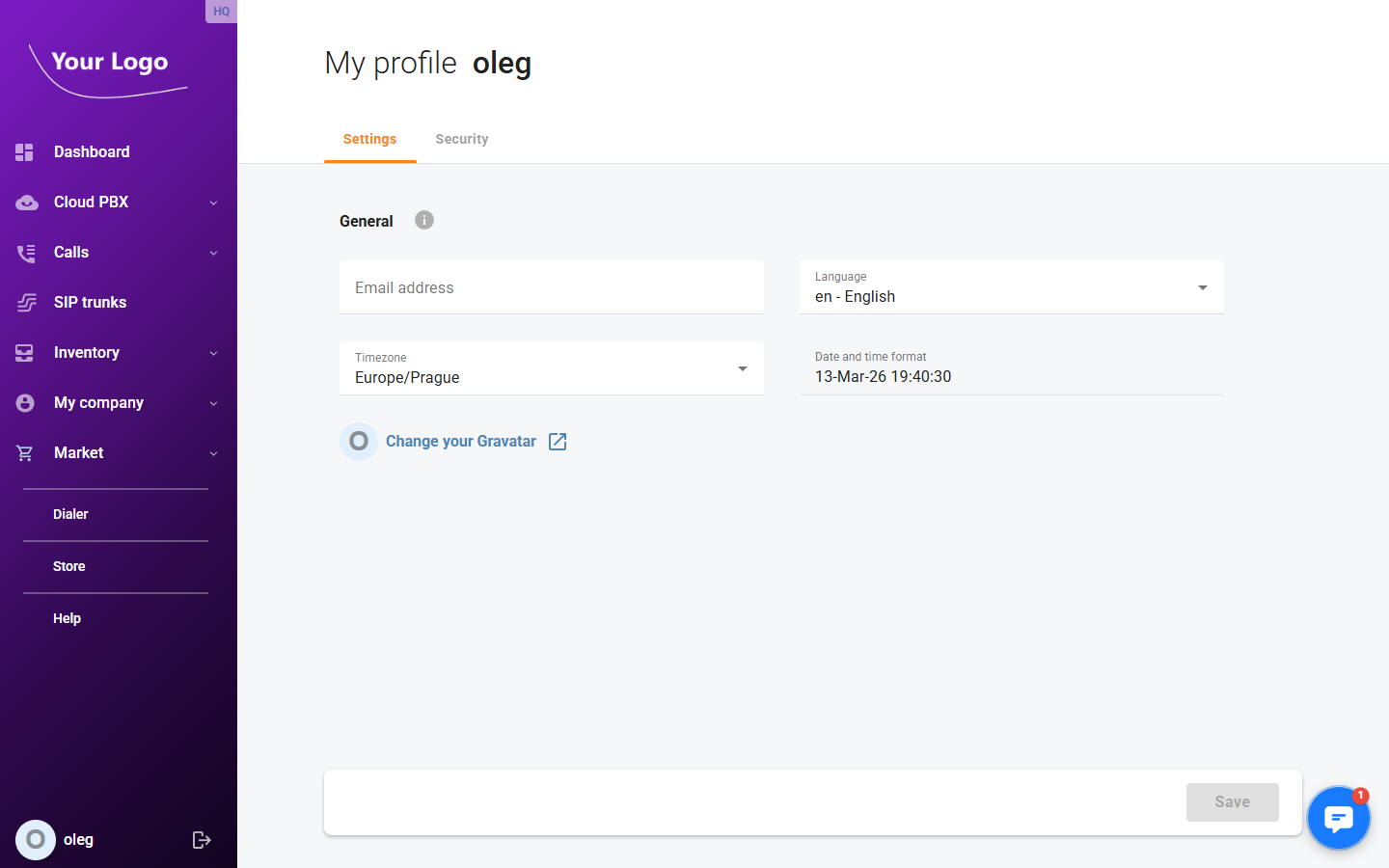 My profile – Settings tab