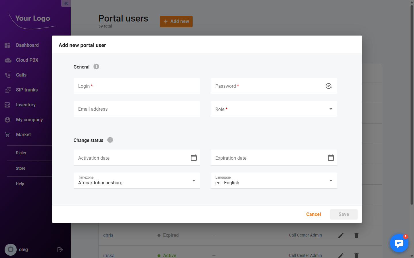 Add new portal user dialog