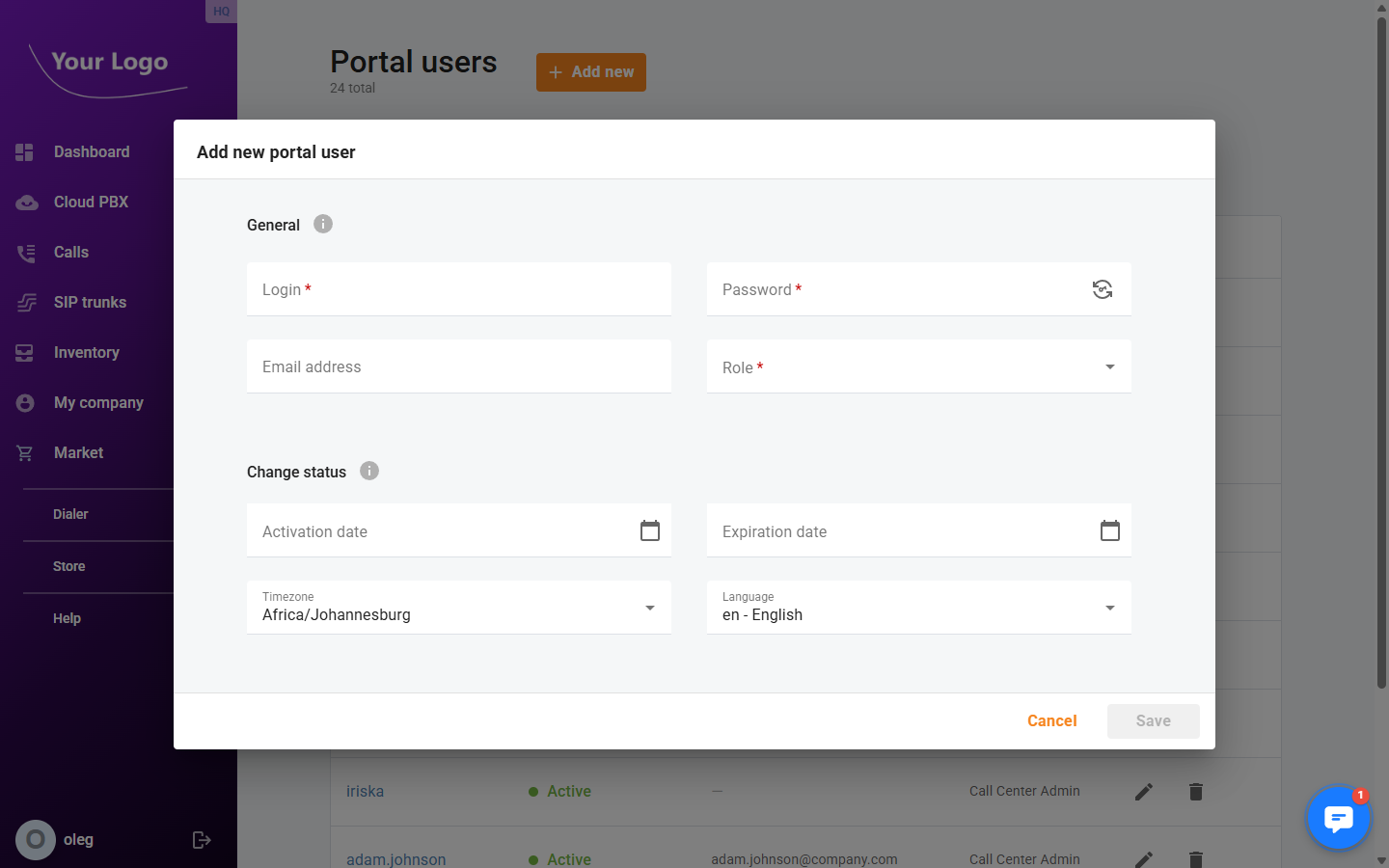 Add new portal user dialog