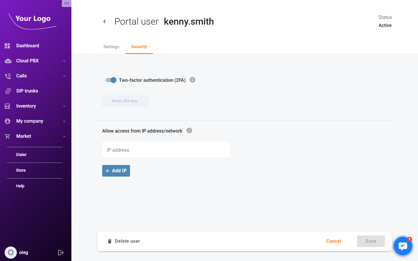 Portal user detail – Security tab