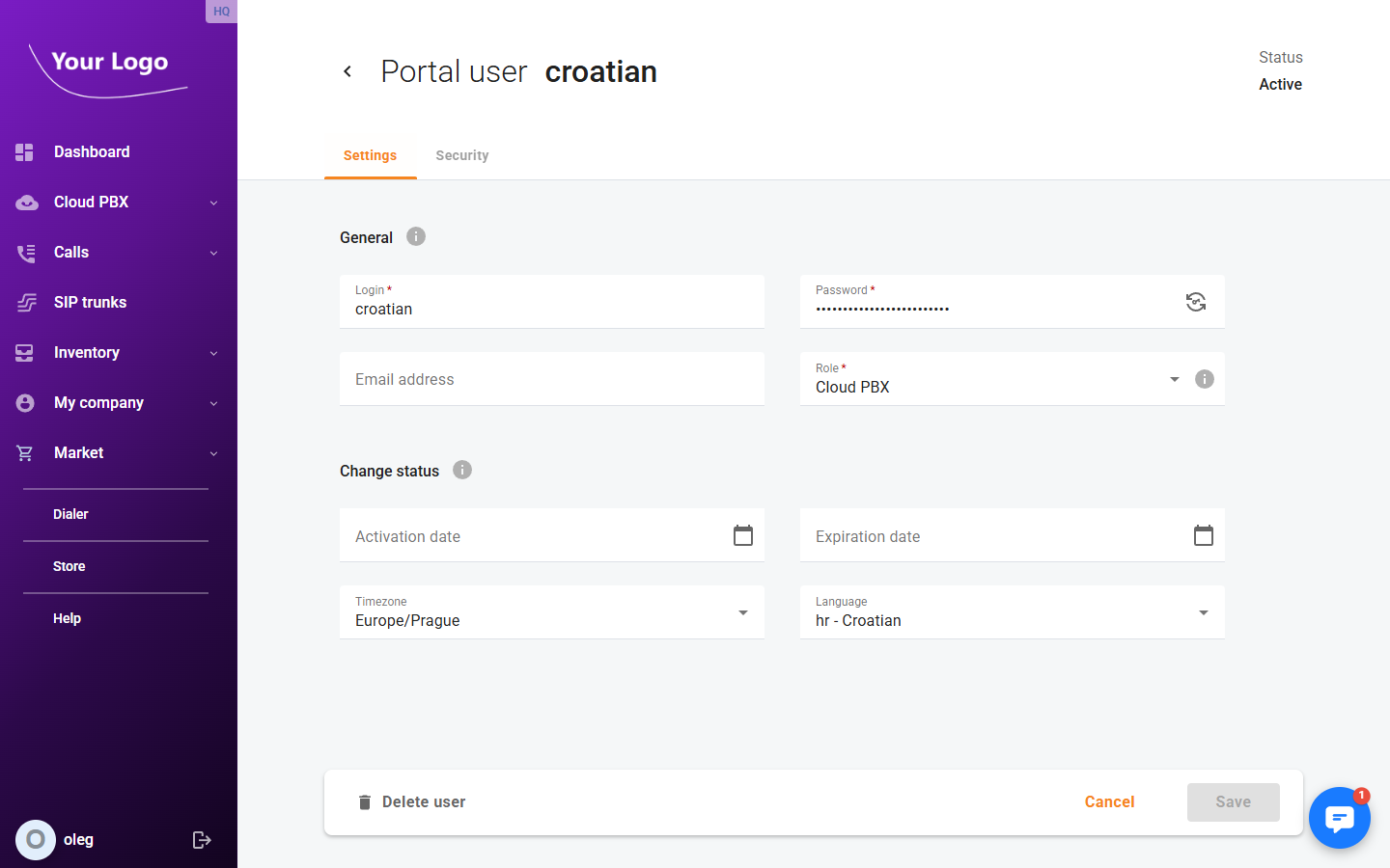 Portal user detail – Settings tab