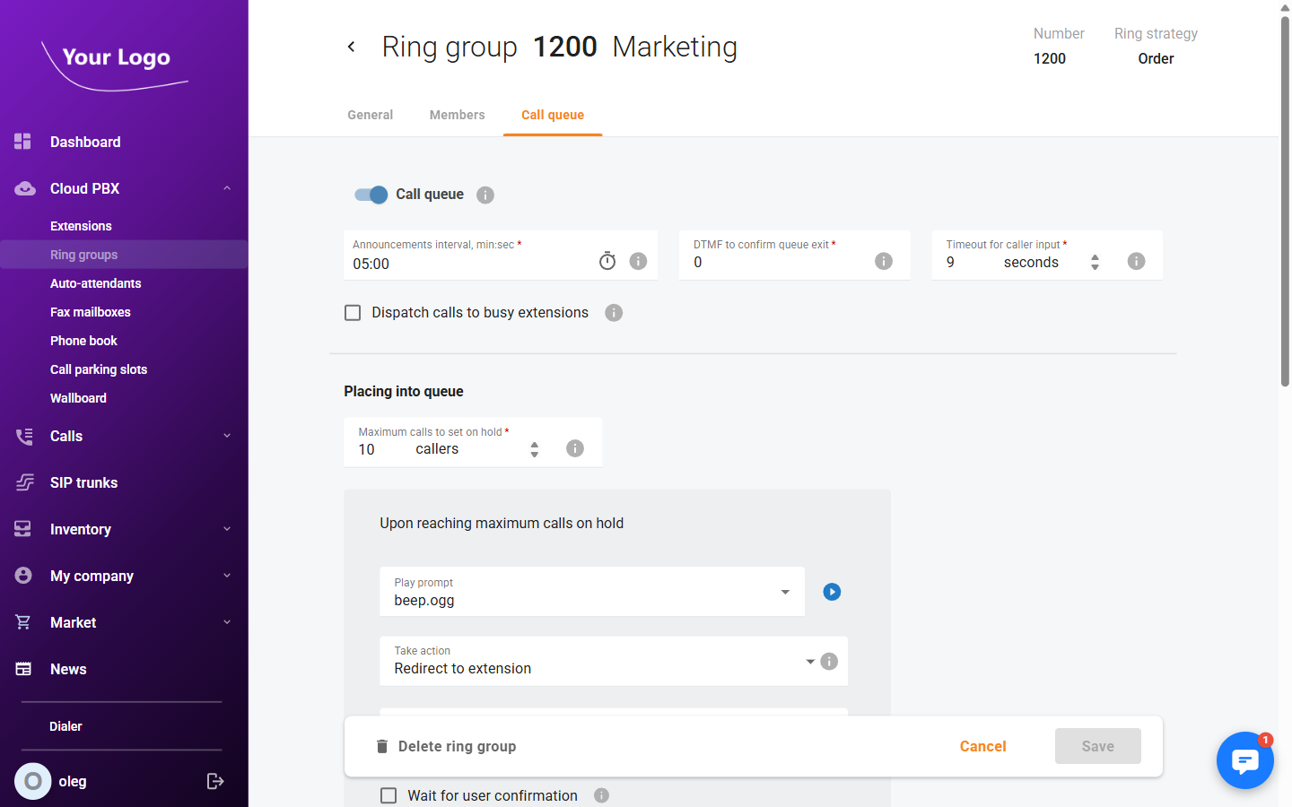 Ring group – Call queue tab