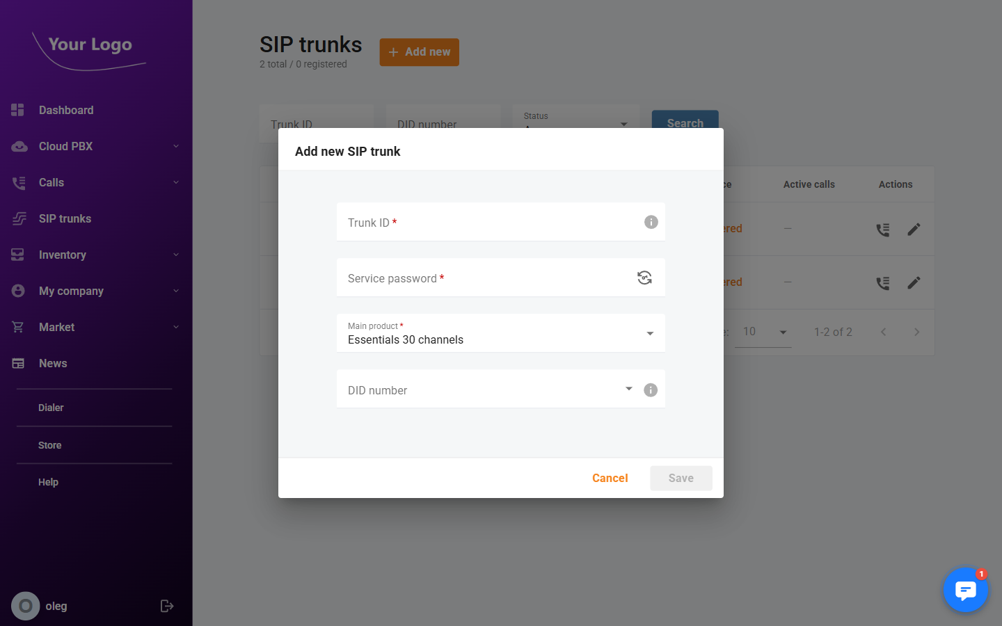 Add New SIP Trunk Dialog