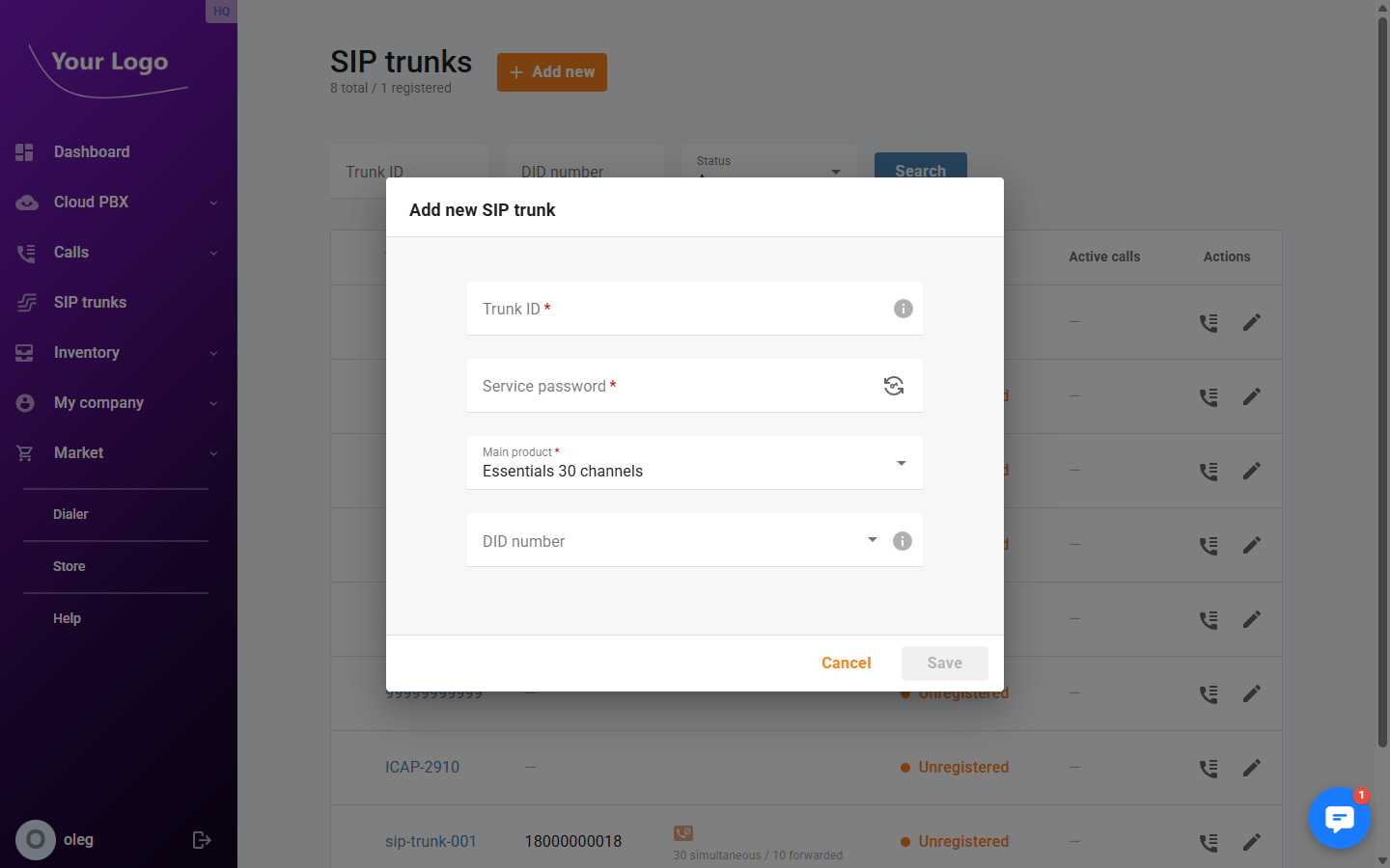 Add New SIP Trunk Dialog