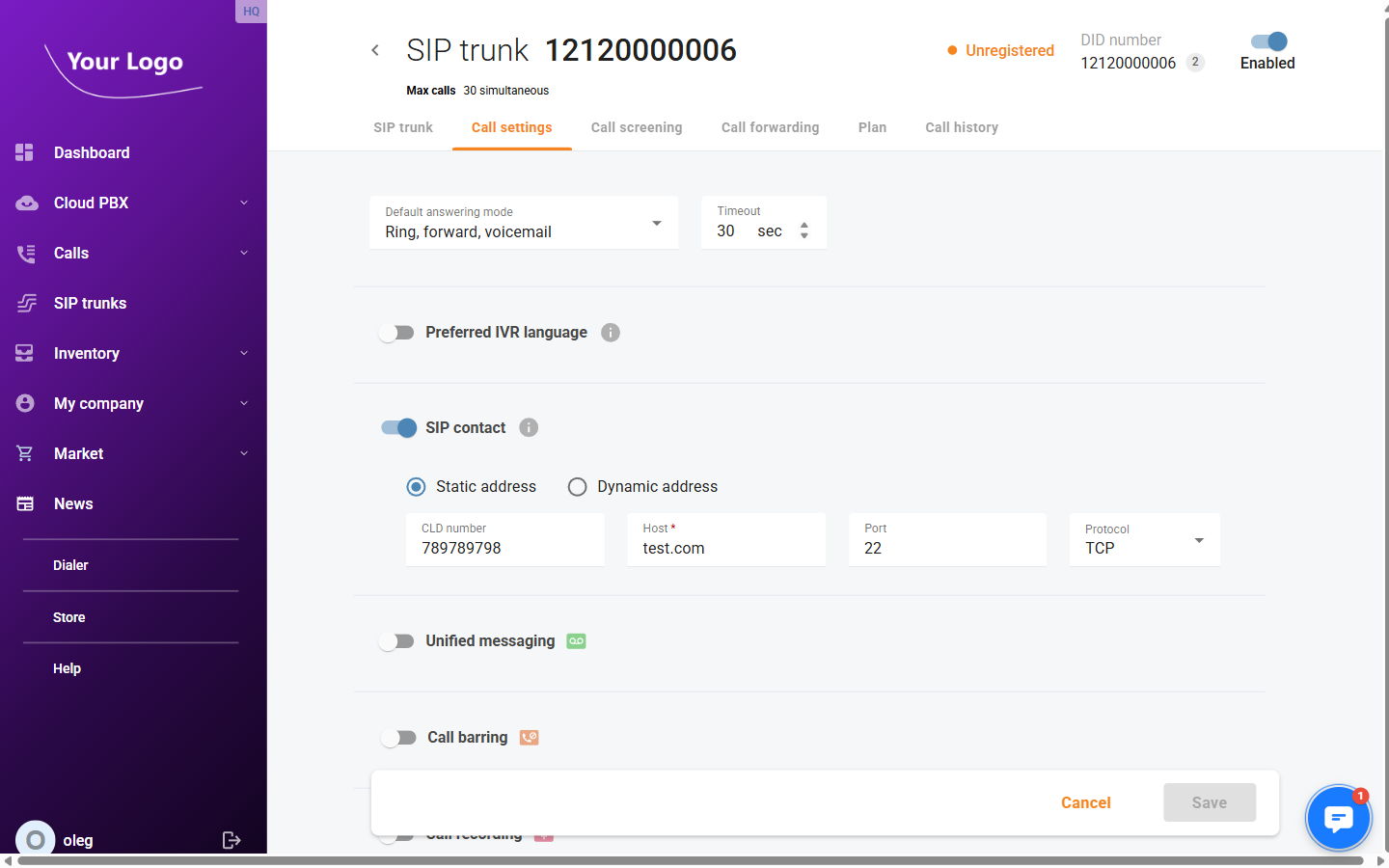 SIP Contact – Static Address