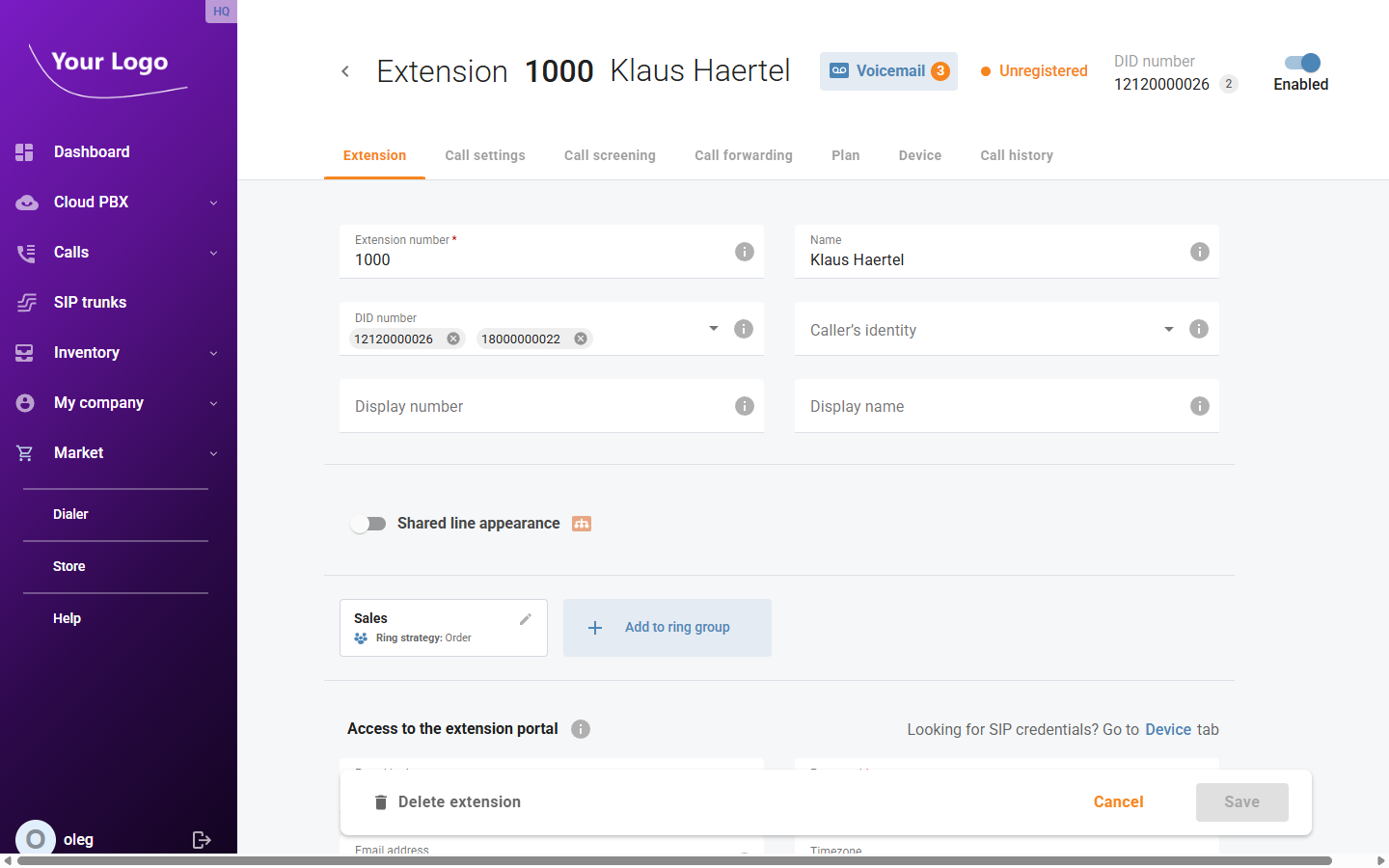 Extension Header with Voicemail Button