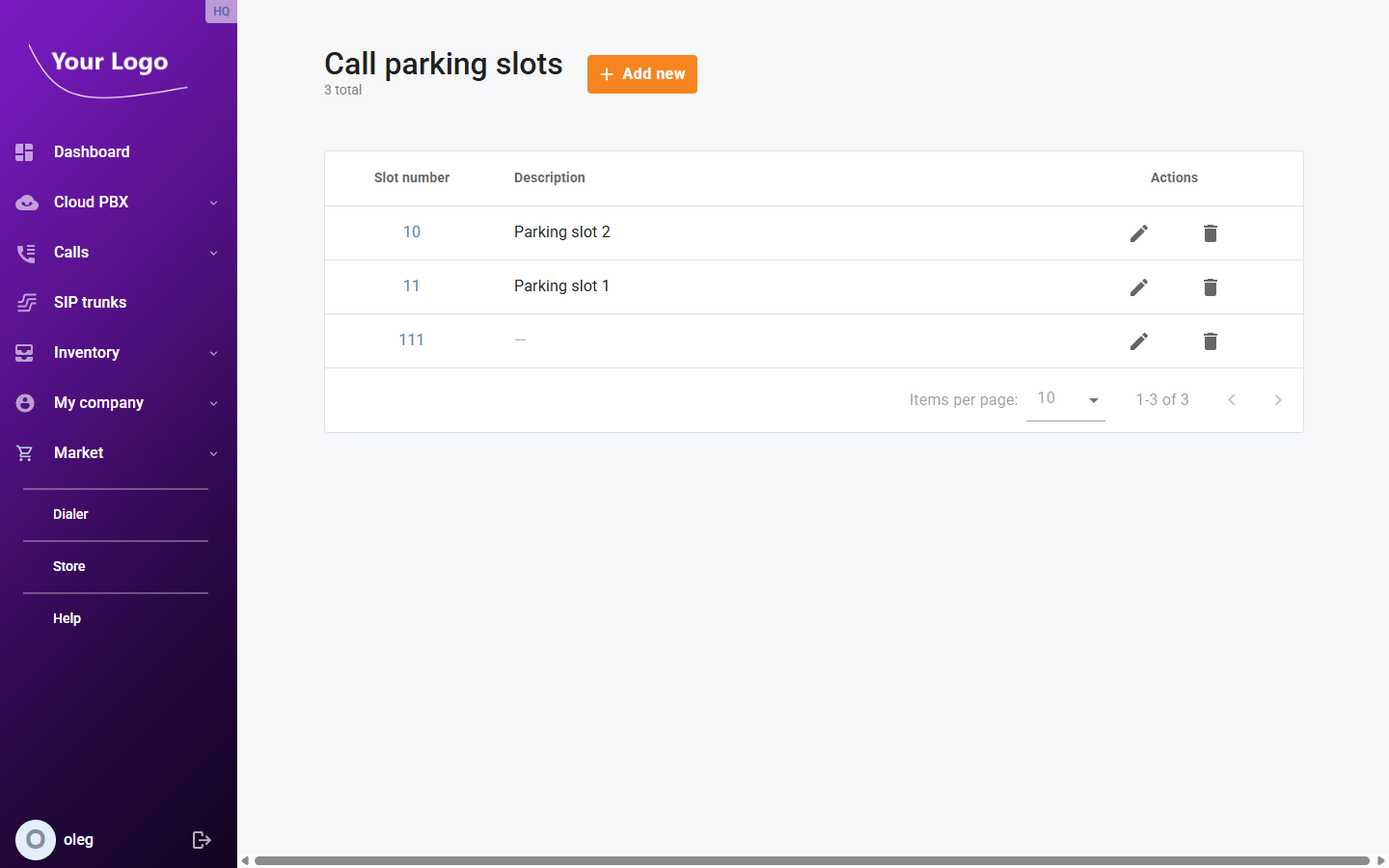 Call parking slots list