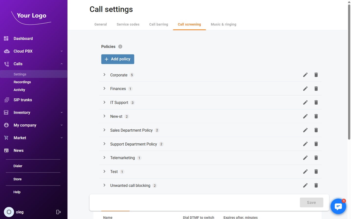 Call Settings – Call Screening tab