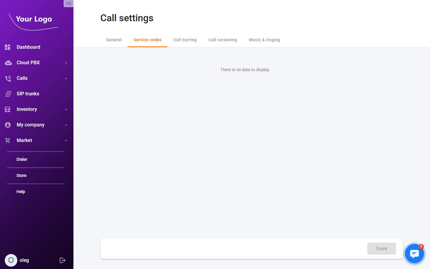 Call Settings – Service Codes tab