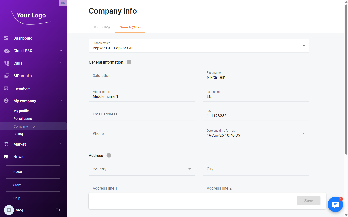 Company info – Branch Site tab