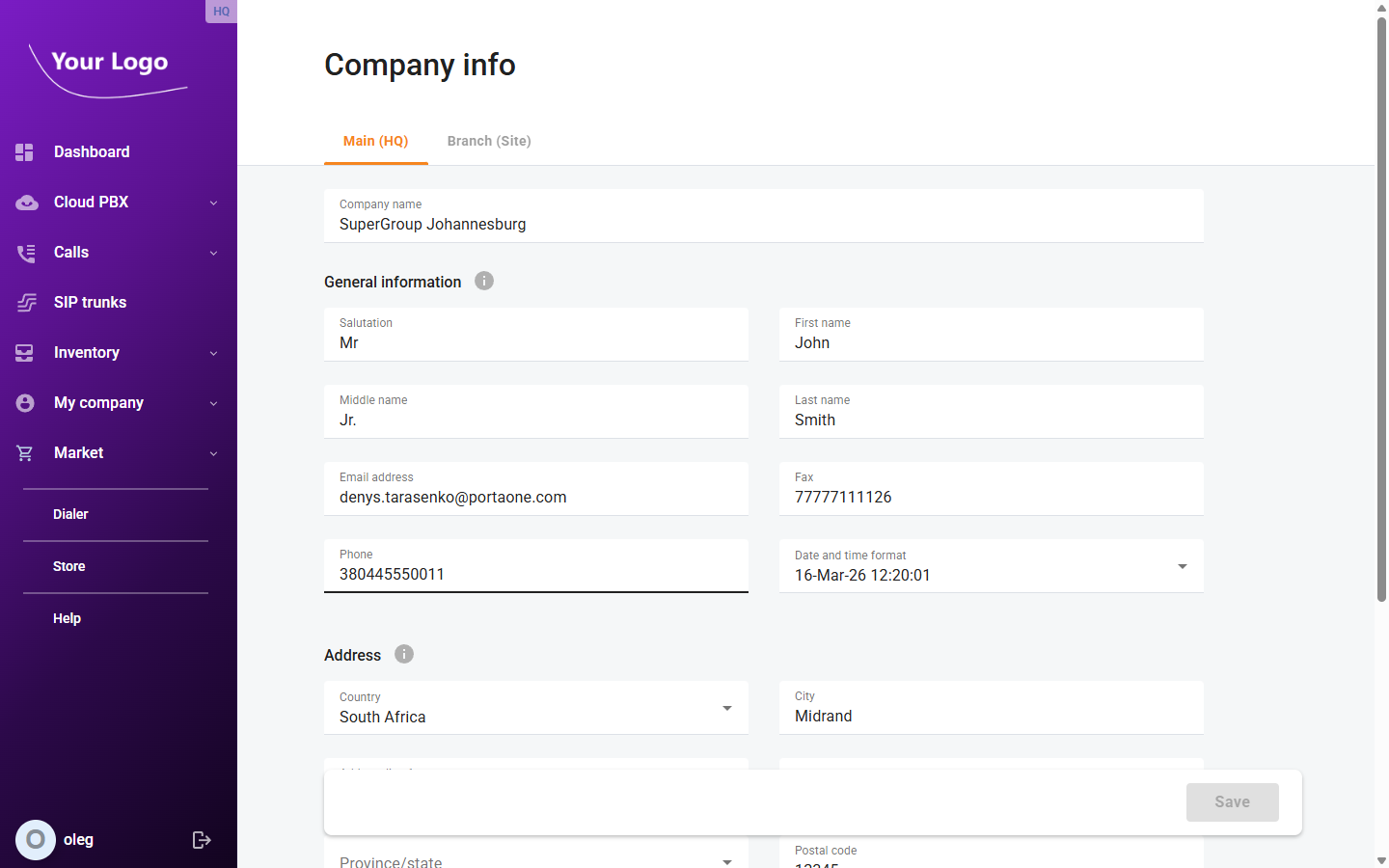 Company info – Main HQ tab