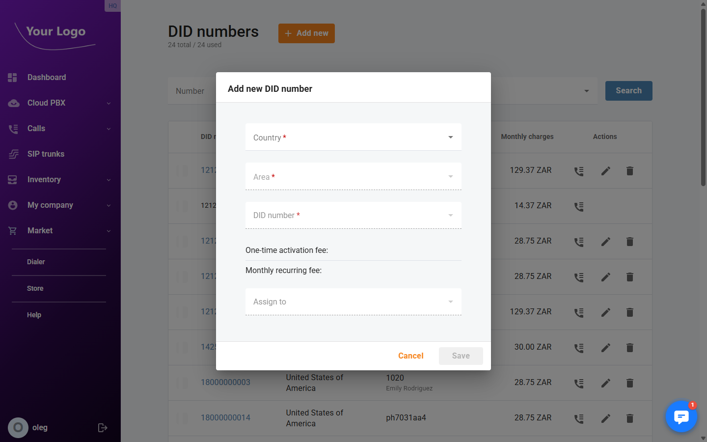 Add DID number dialog