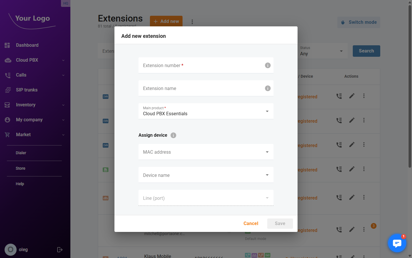 Add extension dialog
