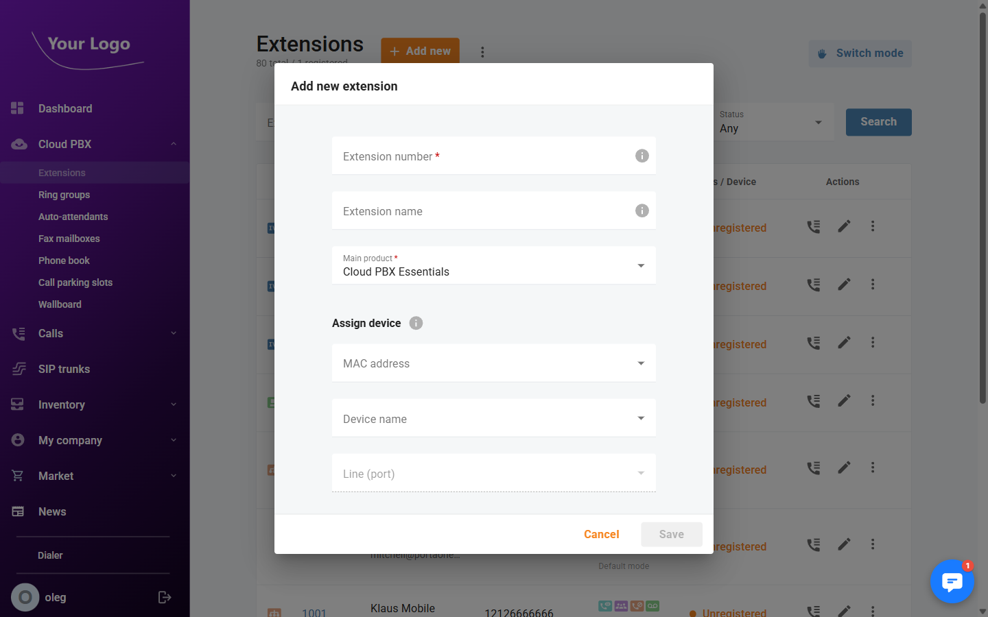 Add extension dialog