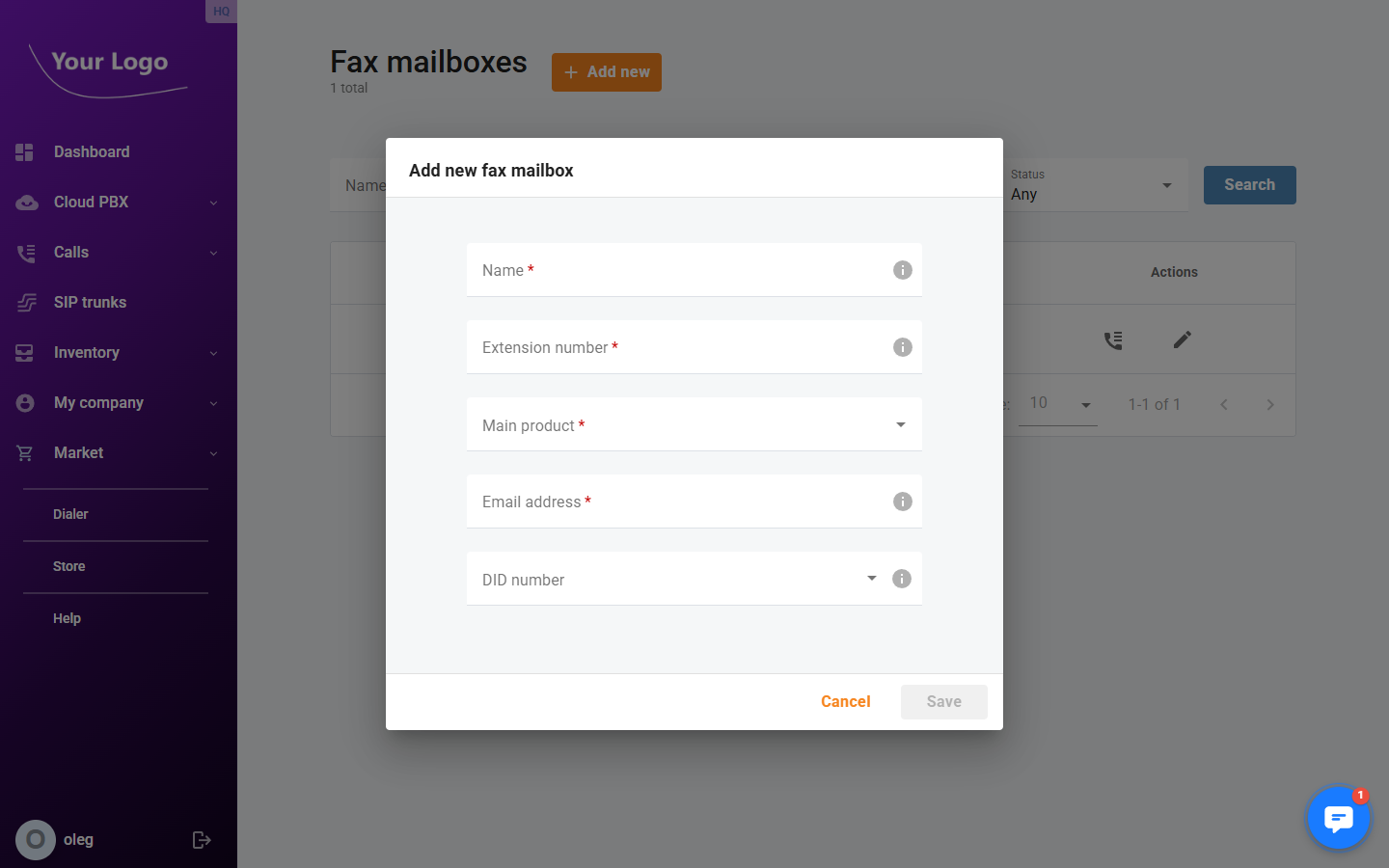 Add fax mailbox dialog