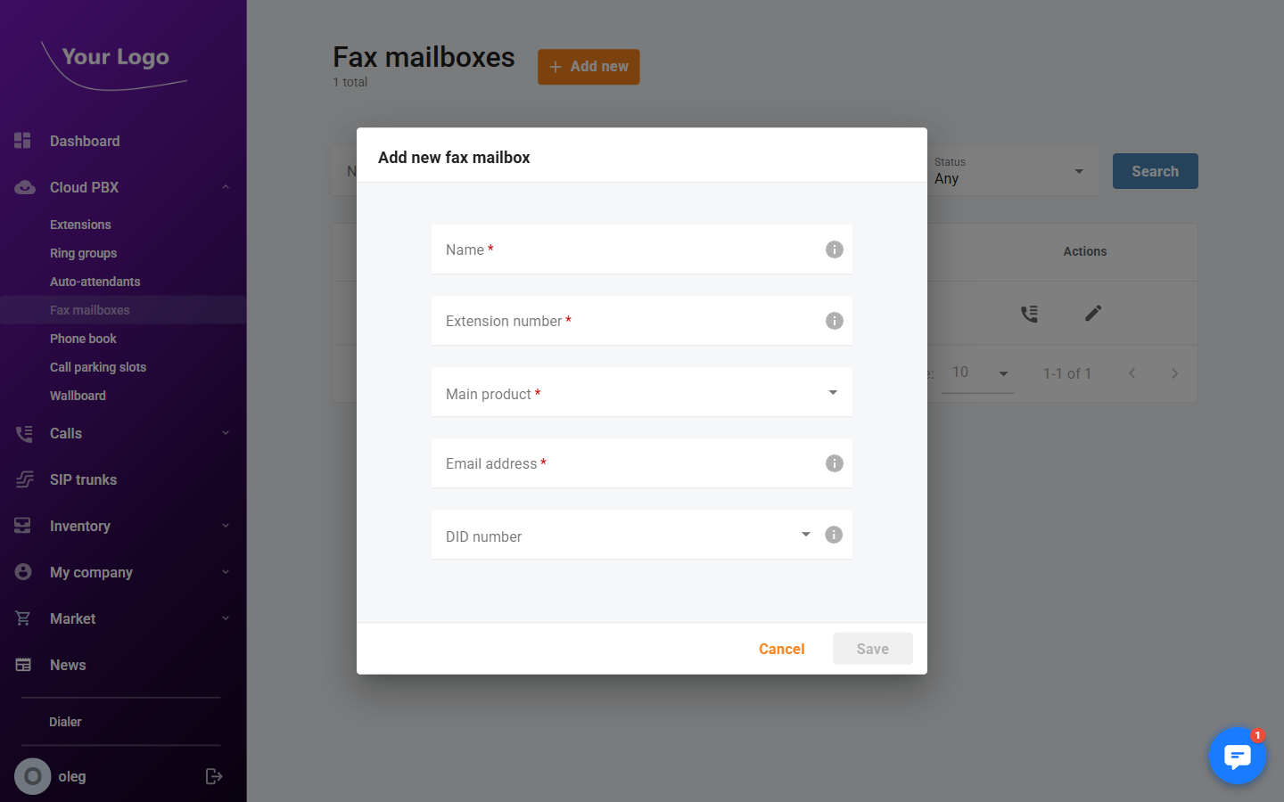 Add fax mailbox dialog