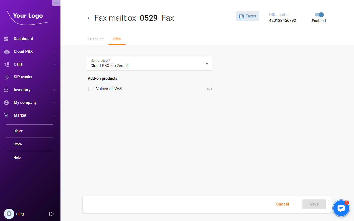 Fax mailbox – Plan tab