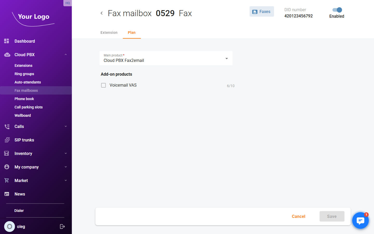 Fax mailbox – Plan tab