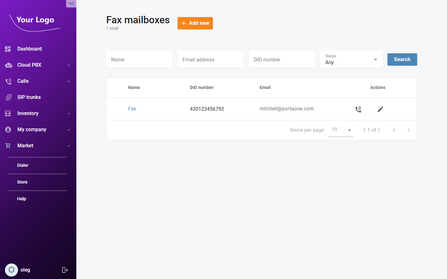 Fax mailboxes list