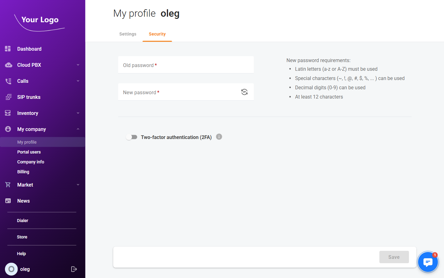 My profile – Security tab