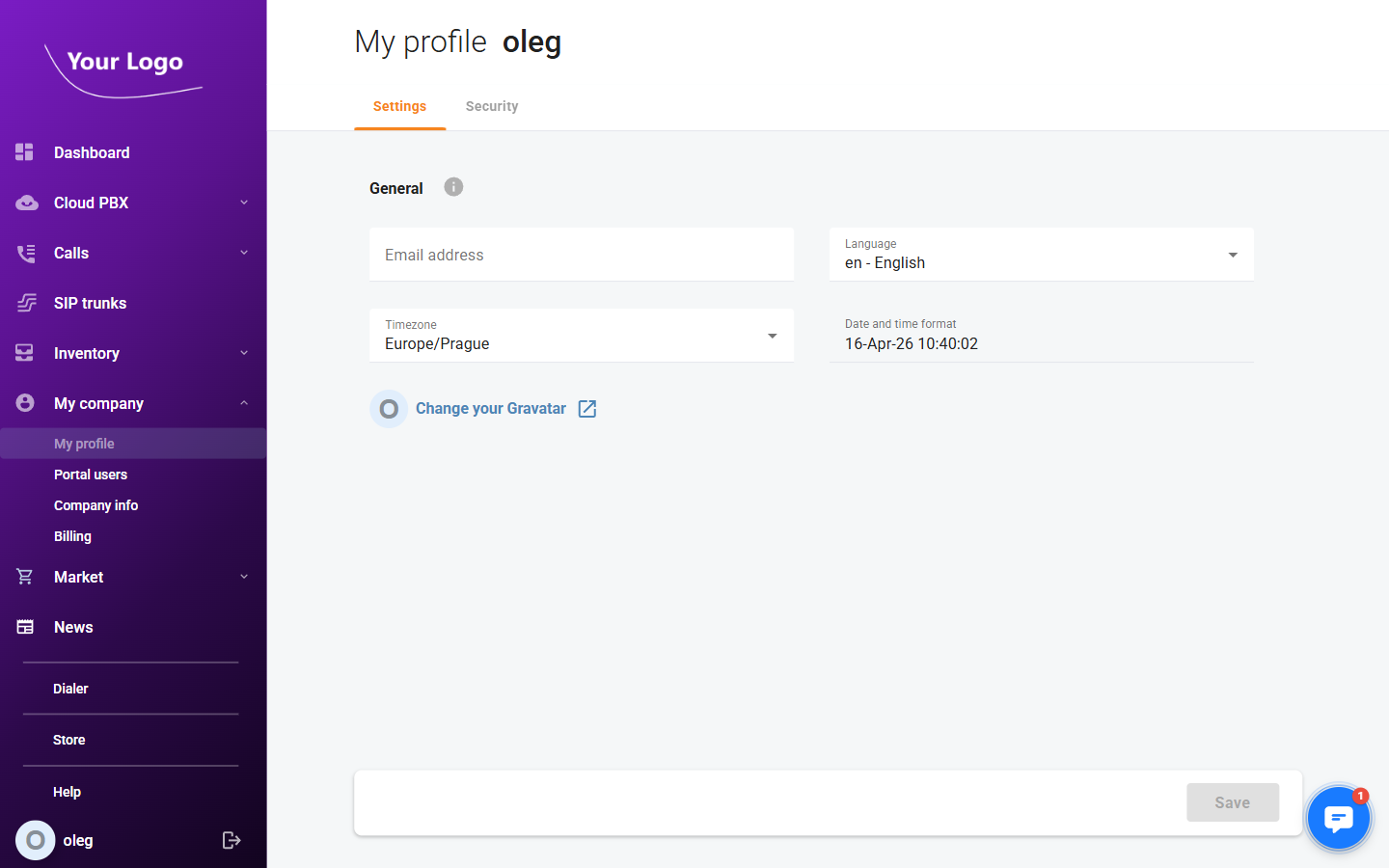 My profile – Settings tab