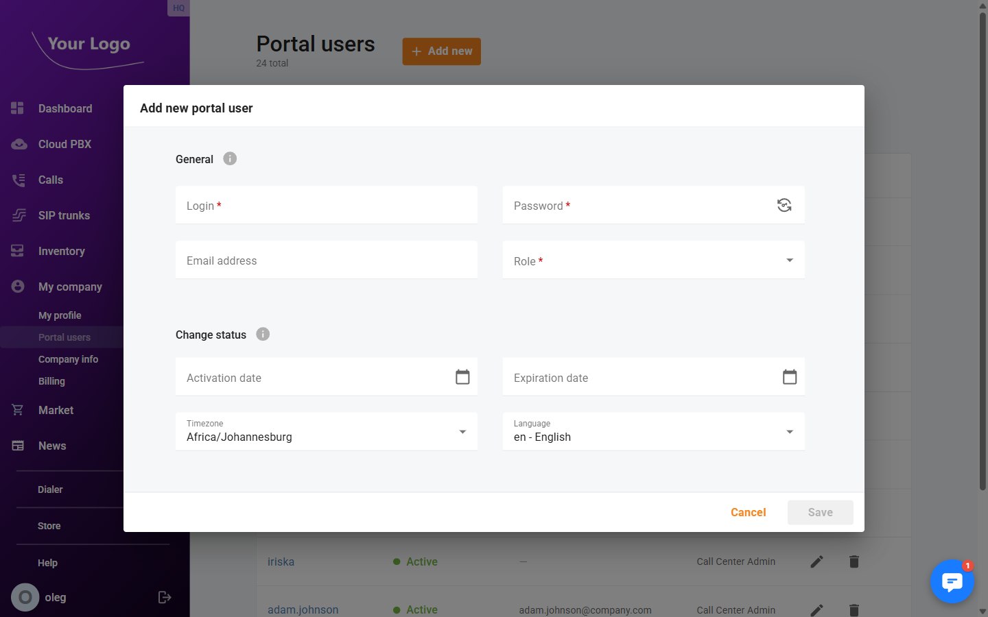 Add new portal user dialog