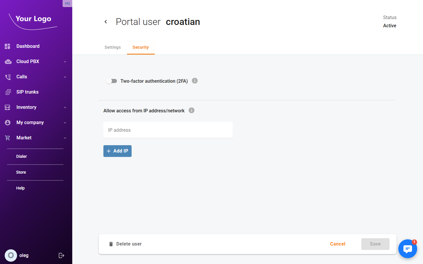 Portal user detail – Security tab