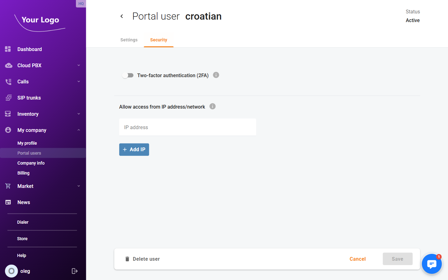 Portal user detail – Security tab