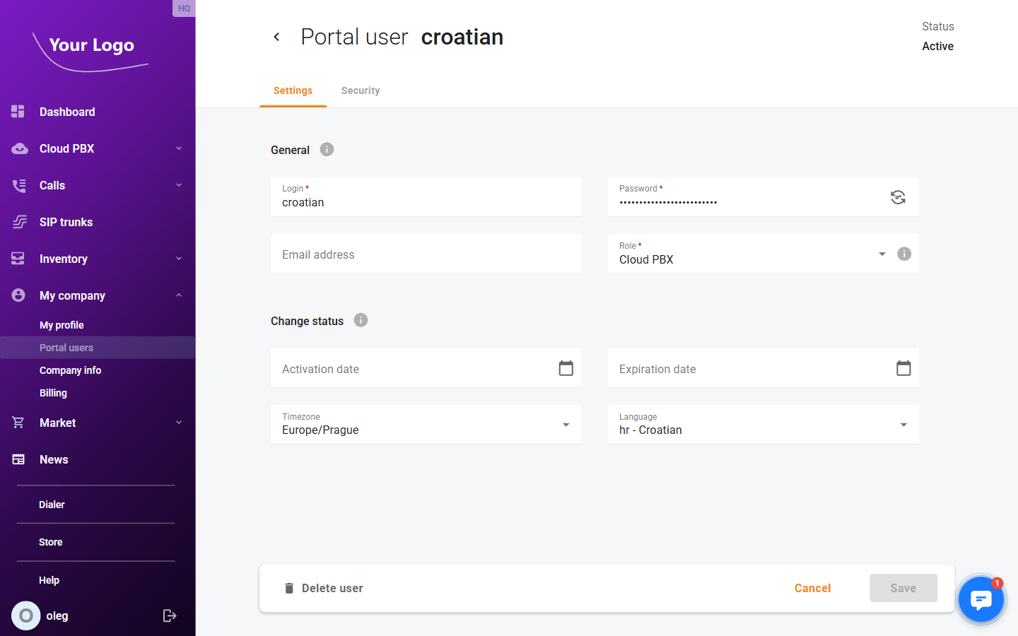 Portal user detail – Settings tab