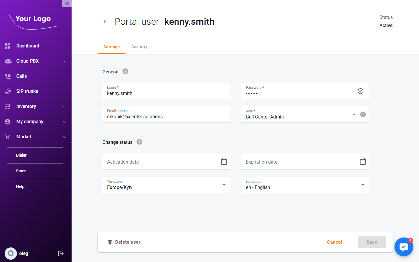 Portal user detail – Settings tab