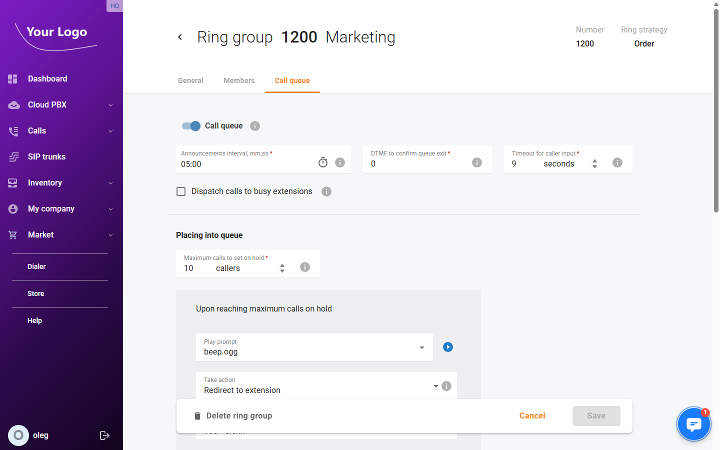 Ring group – Call queue tab