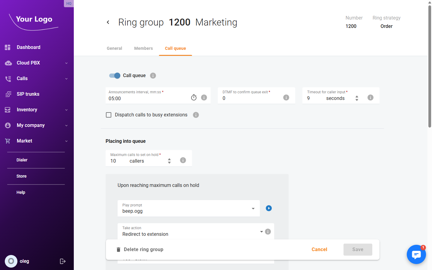 Ring group – Call queue tab